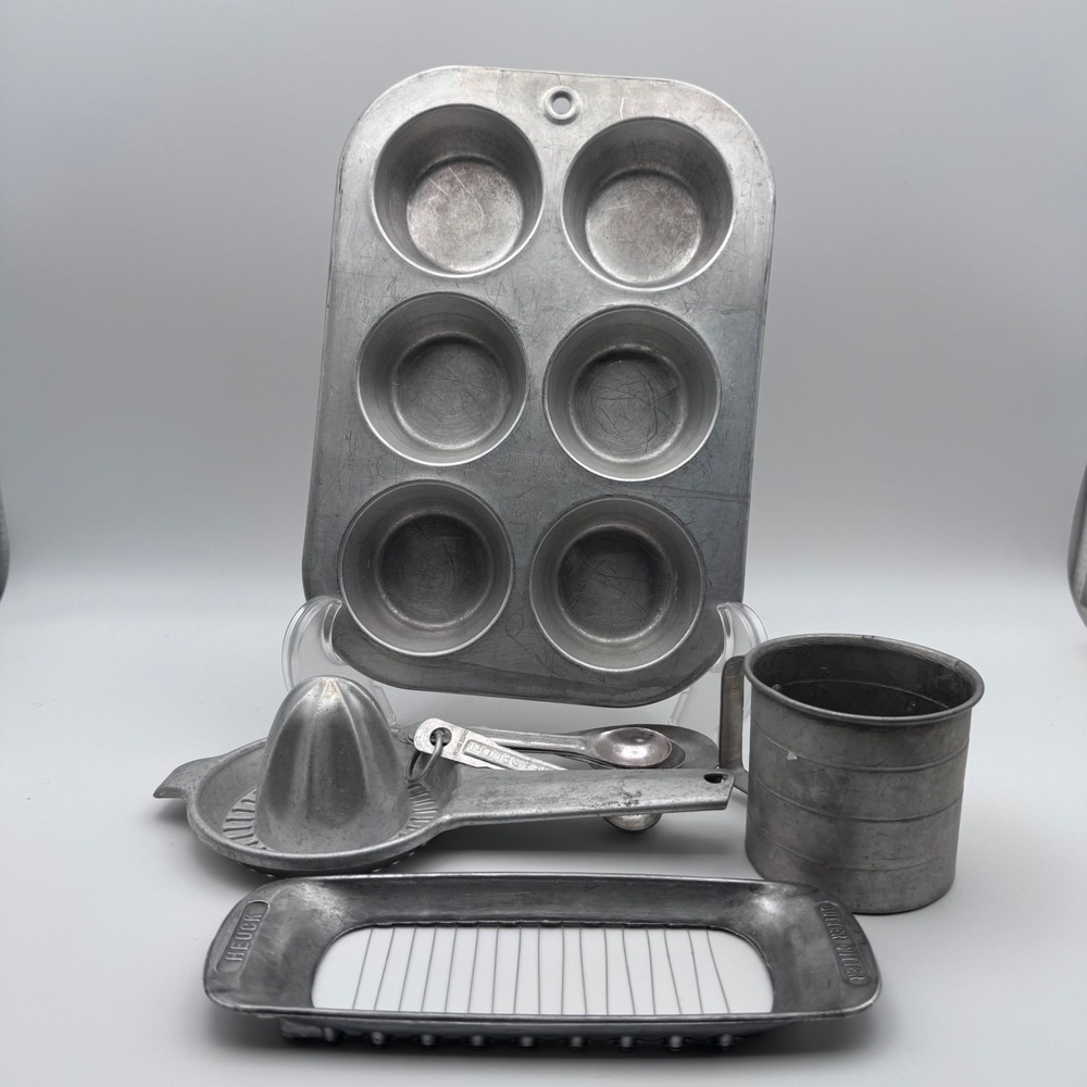 Vintage Aluminum Kitchen Lot Mirro Muffin Pan Heuck Butter Cutter Juicer Set